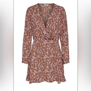 NWOT Floral Print V-Neck Adjustable Wrap Dress | Brown & Pink
